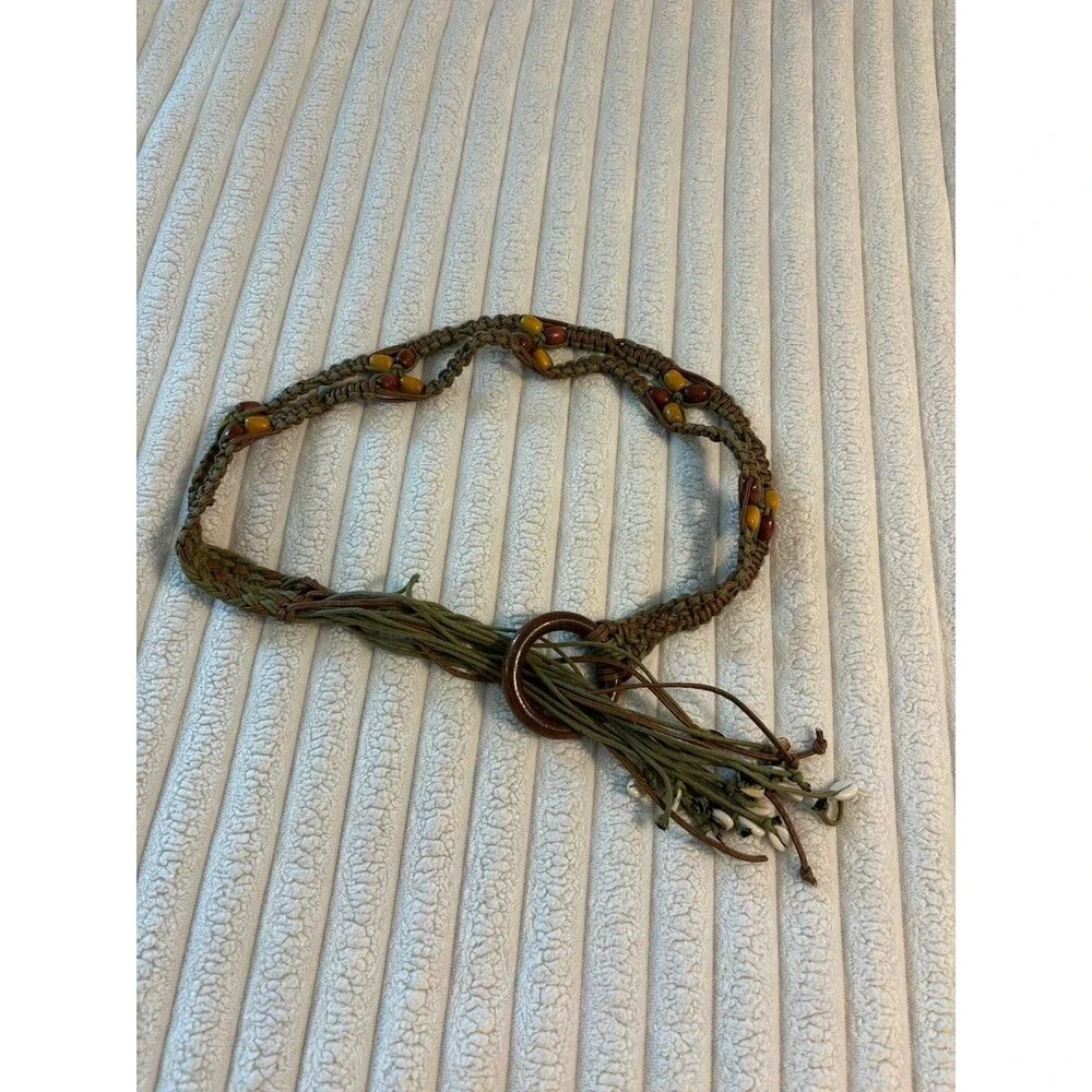 Macrame Woven Tie Belt Beaded Tassels Seashells Boho Beachy Hippie 70s Inspired